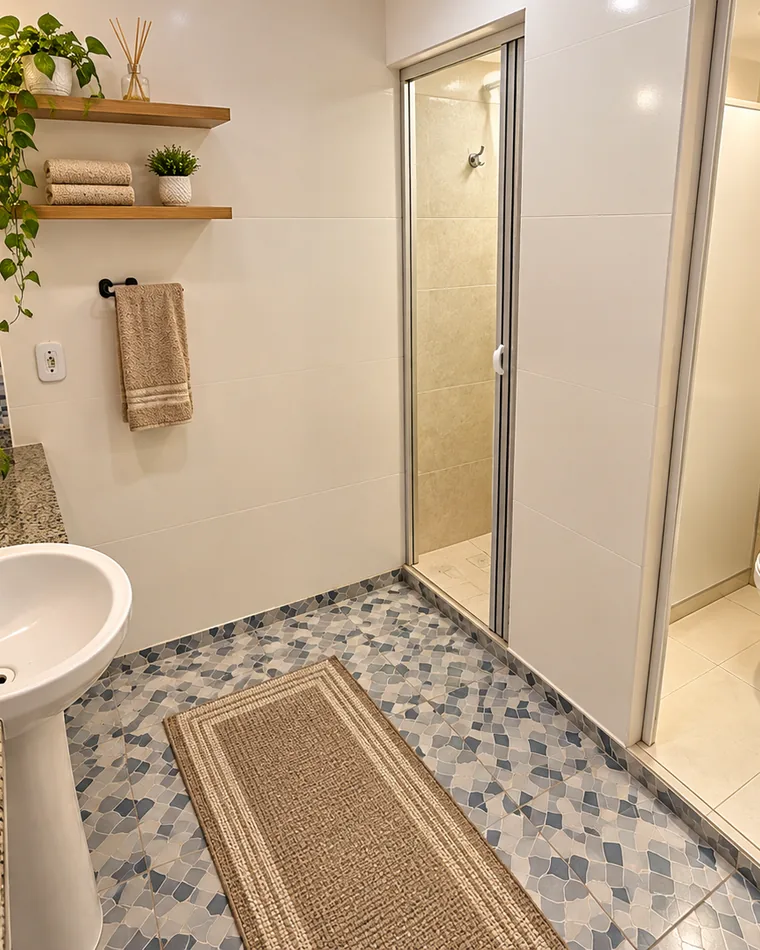 Banheiro claro com pia, box de vidro, vaso sanitário e tapete no piso