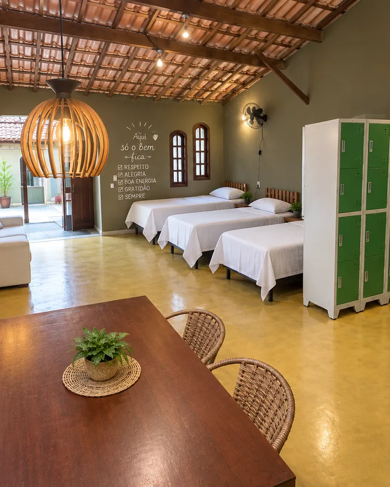Área comum do quarto compartilhado com mesa de madeira, cadeiras e armários verdes com chave
