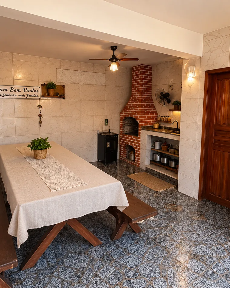 Cozinha externa com churrasqueira, fogão a lenha e mesa comunitária posta