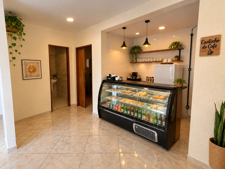Vitrine refrigerada com doces, salgados e bebidas na recepção, ao lado do letreiro Cantinho do Café