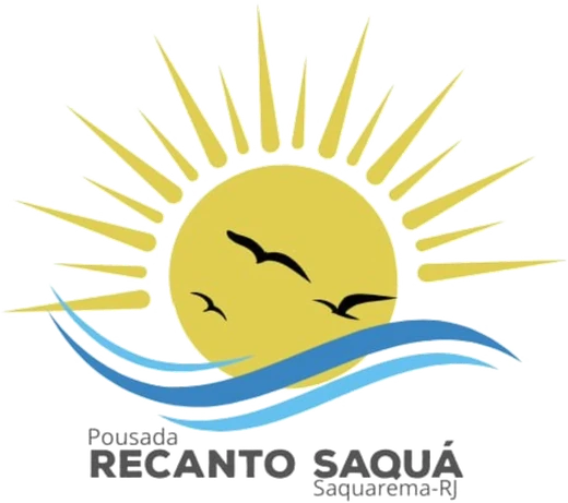 Logo da Pousada Recanto Saquá: sol dourado sobre ondas azuis com três gaivotas